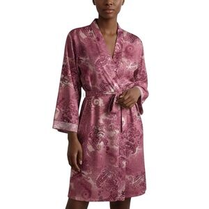 Delicates Casual Paisley Long Sleeve Open Front Tie Waist Kimono Robe Small Pink